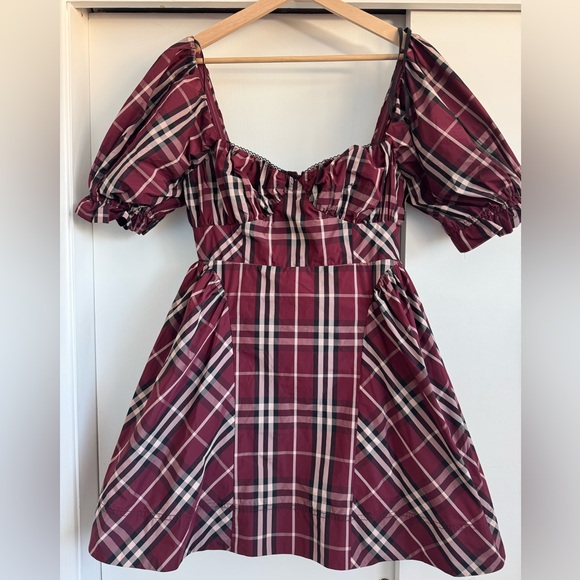 Anthropologie Maeve Plaid Maroon Tartan Burgundy Mini Puff Sleeve Dress Size S - Picture 8 of 15